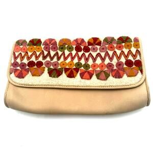TREEBOL Vintage Tan Clutch Bag Purse Embroidered Boho Festival Hippie Tribal 70s